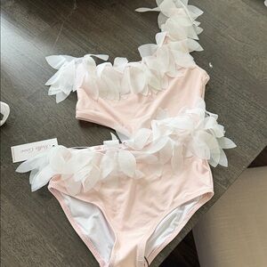 Stella Cove Pink One-Piece Girls Swimsuit with White Floral Appliqué